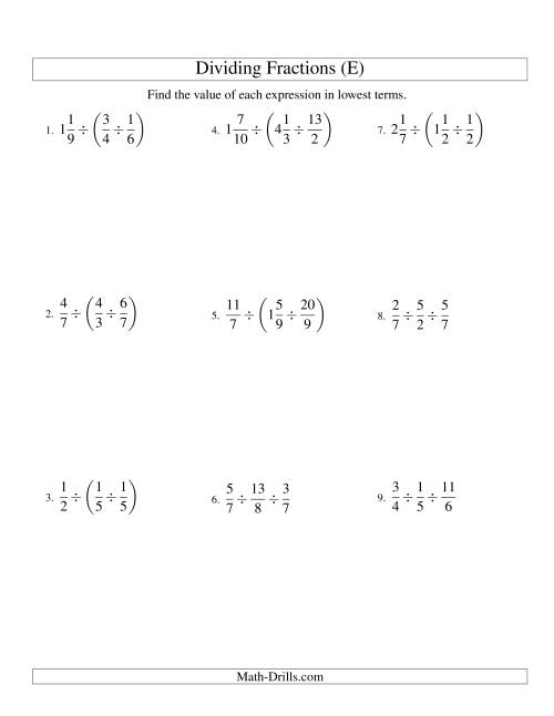 The Dividing and Simplifying Fractions with Some Mixed Fractions and Three Terms (E) Math Worksheet