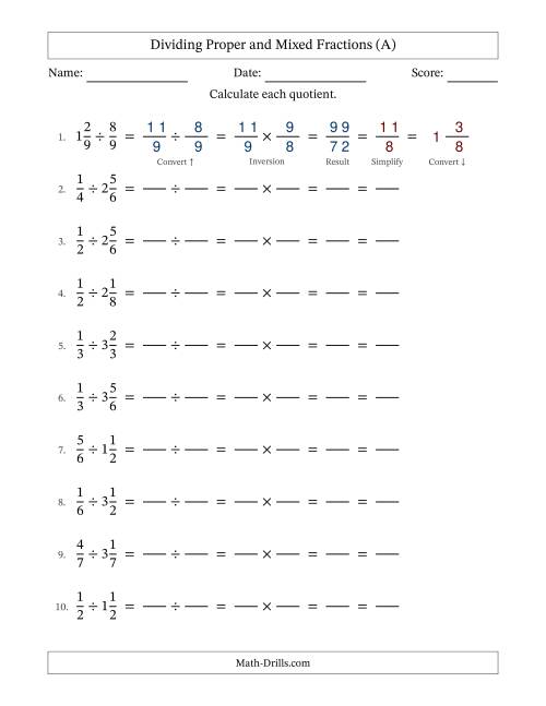 The Dividing Proper and Mixed Fractions with All Simplifying (Fillable) (All) Math Worksheet