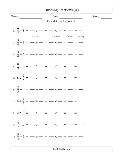 The Dividing Proper Fractions and Whole Numbers with All Simplifying (Fillable) (A) Math Worksheet
