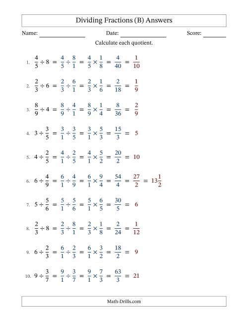 Dividing and Simplifying Fractions with Some Whole Numbers (B)