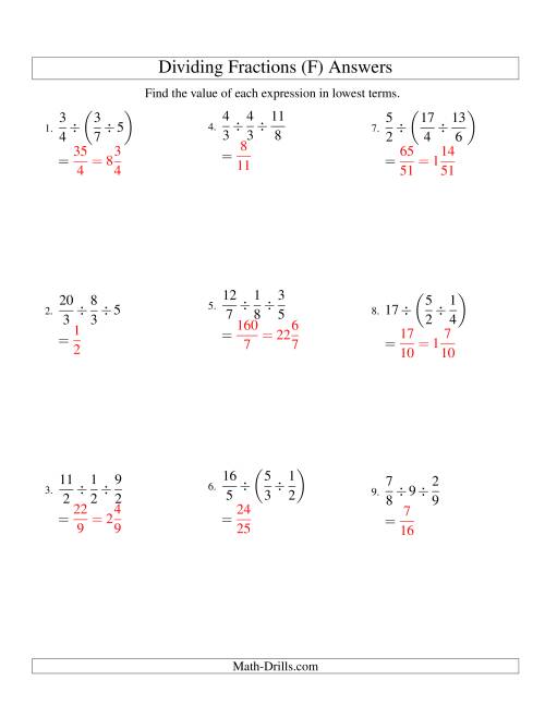 The Dividing and Simplifying Fractions with Some Whole Numbers and Three Terms (F) Math Worksheet Page 2