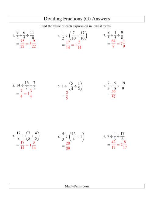 The Dividing and Simplifying Fractions with Some Whole Numbers and Three Terms (G) Math Worksheet Page 2