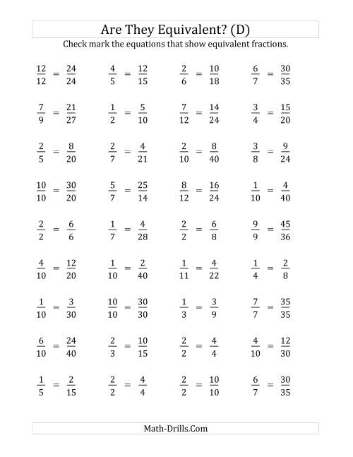 The Are These Fractions Equivalent? (Multiplier Range 2 to 5) (D) Math Worksheet