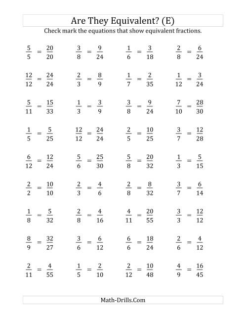 The Are These Fractions Equivalent? (Multiplier Range 2 to 5) (E) Math Worksheet