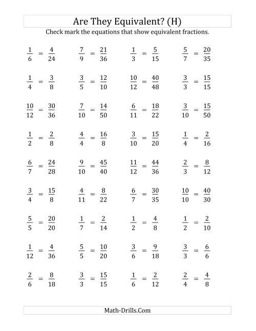 The Are These Fractions Equivalent? (Multiplier Range 2 to 5) (H) Math Worksheet