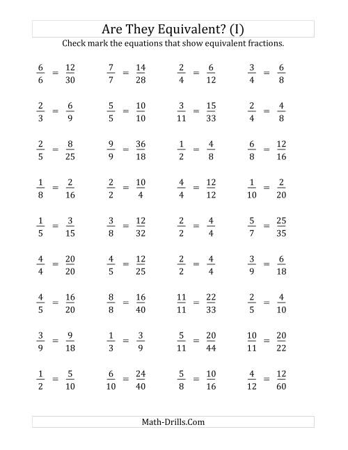 The Are These Fractions Equivalent? (Multiplier Range 2 to 5) (I) Math Worksheet