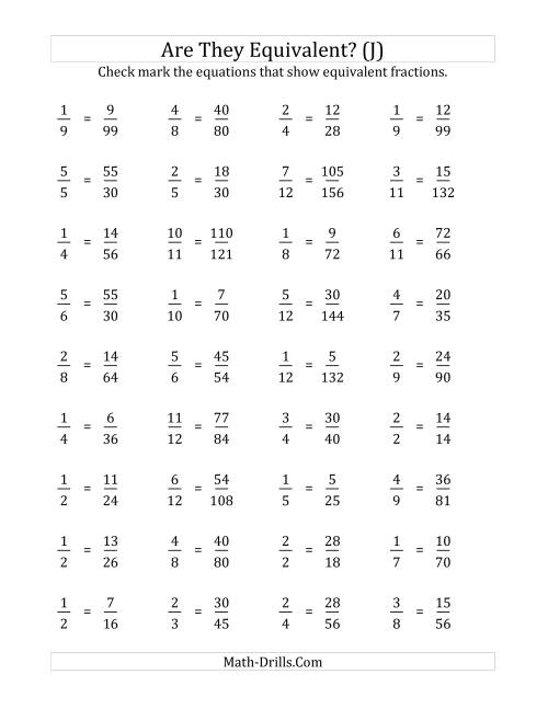 The Are These Fractions Equivalent? (Multiplier Range 5 to 15) (J) Math Worksheet
