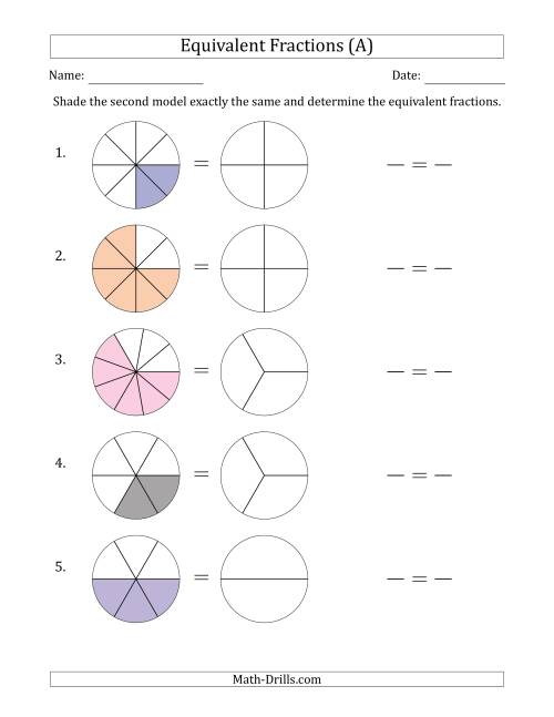 The Equivalent Fractions Models with the Simplified Fraction Second (A) Math Worksheet