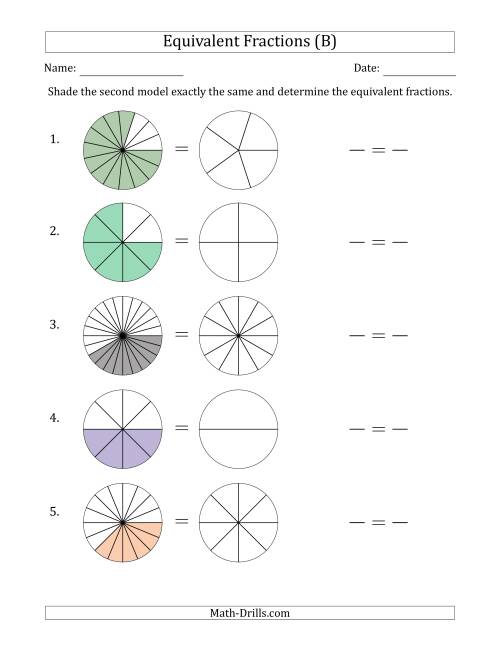 The Equivalent Fractions Models with the Simplified Fraction Second (B) Math Worksheet
