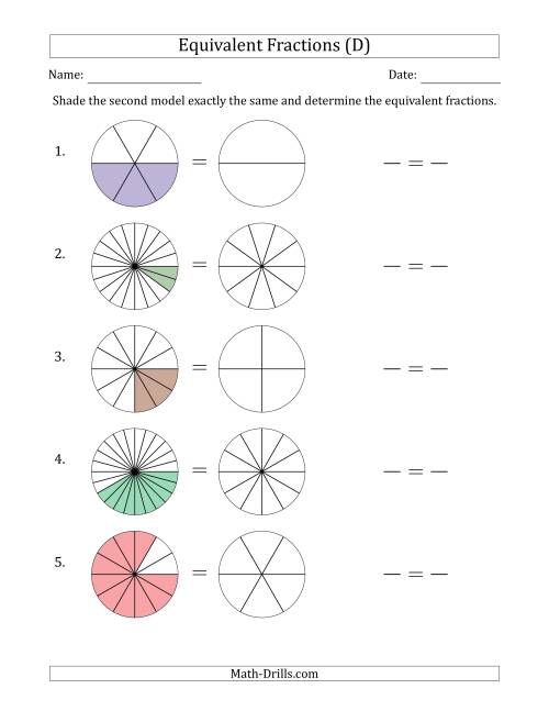 The Equivalent Fractions Models with the Simplified Fraction Second (D) Math Worksheet