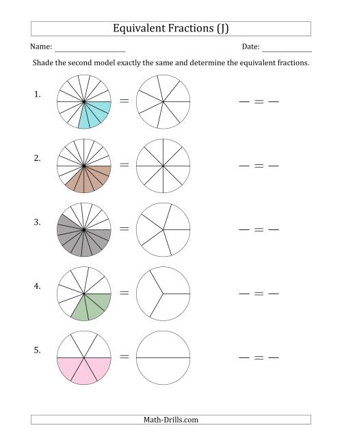 The Equivalent Fractions Models with the Simplified Fraction Second (J) Math Worksheet