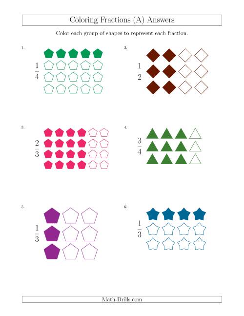 The Coloring Groups of Shapes to Represent Fractions (A) Math Worksheet Page 2