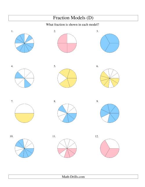 The Modeling Fractions with Circles -- Halves to Twelfths (D) Math Worksheet