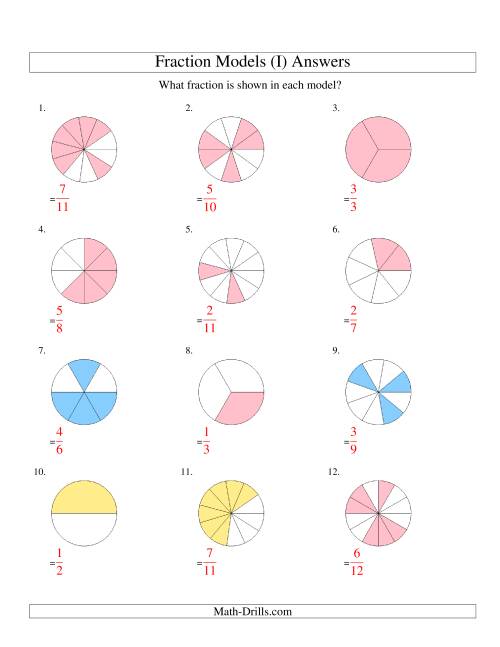 The Modeling Fractions with Circles -- Halves to Twelfths (I) Math Worksheet Page 2