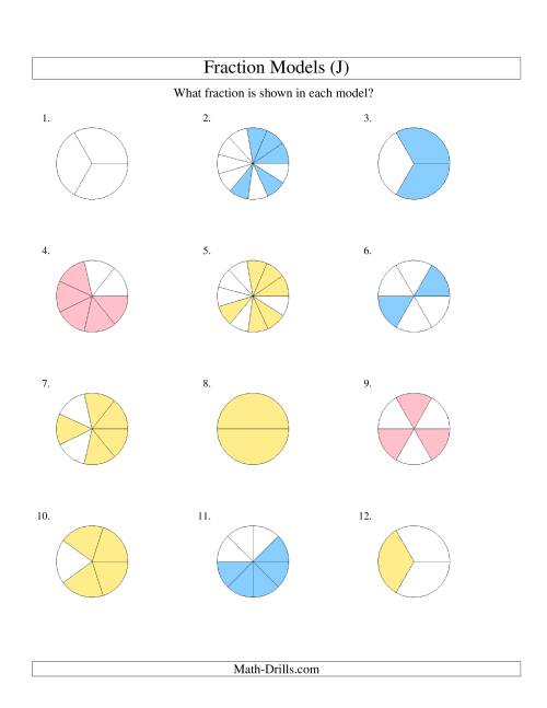 The Modeling Fractions with Circles -- Halves to Twelfths (J) Math Worksheet