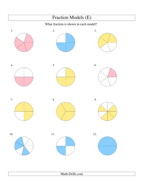 The Modeling Fractions with Circles -- Halves to Eighths (E) Math Worksheet