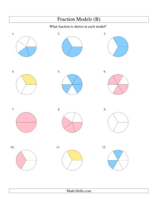 The Modeling Fractions with Circles -- Halves to Sixths (B) Math Worksheet