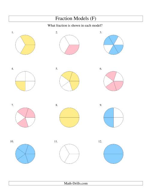 The Modeling Fractions with Circles -- Halves to Sixths (F) Math Worksheet