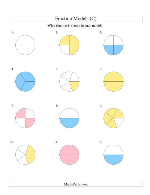 The Modeling Fractions with Circles -- Halves to Fifths (C) Math Worksheet