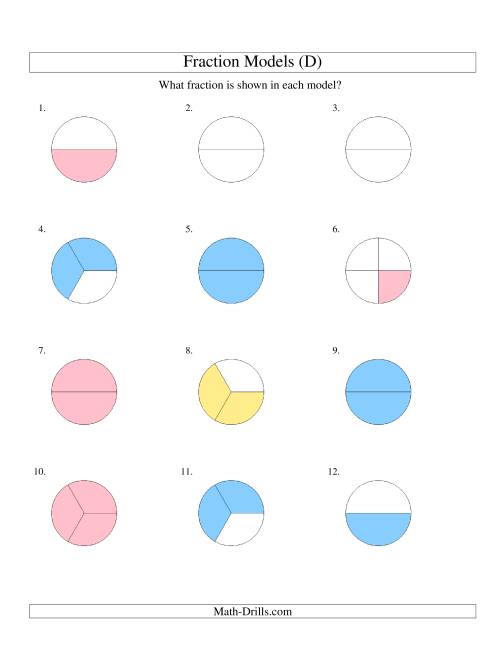 The Modeling Fractions with Circles -- Halves to Fifths (D) Math Worksheet