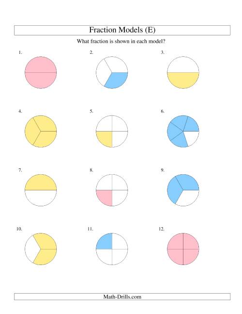 The Modeling Fractions with Circles -- Halves to Fifths (E) Math Worksheet