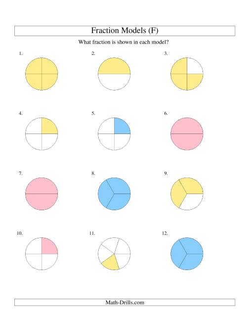 The Modeling Fractions with Circles -- Halves to Fifths (F) Math Worksheet
