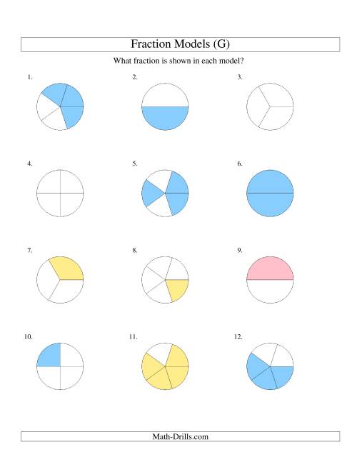 The Modeling Fractions with Circles -- Halves to Fifths (G) Math Worksheet