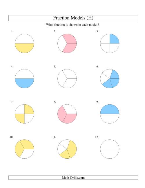 The Modeling Fractions with Circles -- Halves to Fifths (H) Math Worksheet