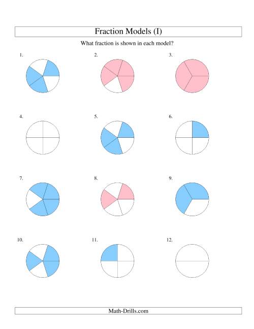 The Modeling Fractions with Circles -- Halves to Fifths (I) Math Worksheet