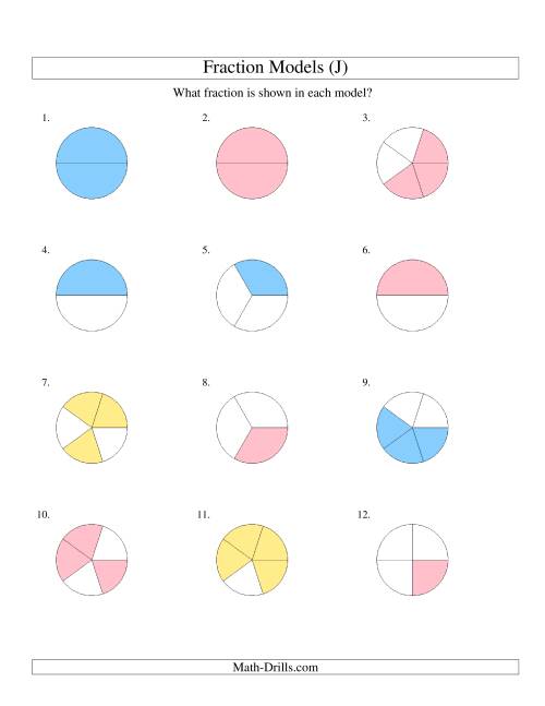 The Modeling Fractions with Circles -- Halves to Fifths (J) Math Worksheet