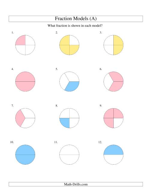 The Modeling Fractions with Circles -- Halves, Thirds and Quarters (A) Math Worksheet