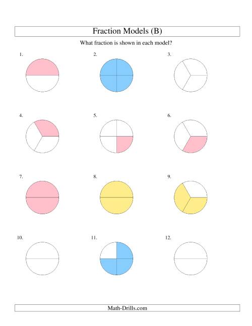 The Modeling Fractions with Circles -- Halves, Thirds and Quarters (B) Math Worksheet