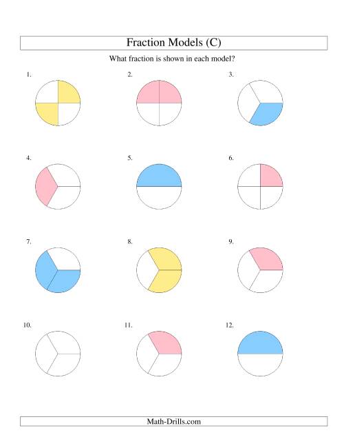 The Modeling Fractions with Circles -- Halves, Thirds and Quarters (C) Math Worksheet