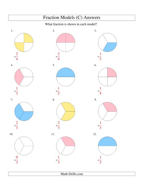 The Modeling Fractions with Circles -- Halves, Thirds and Quarters (C) Math Worksheet Page 2