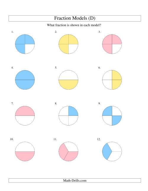 The Modeling Fractions with Circles -- Halves, Thirds and Quarters (D) Math Worksheet