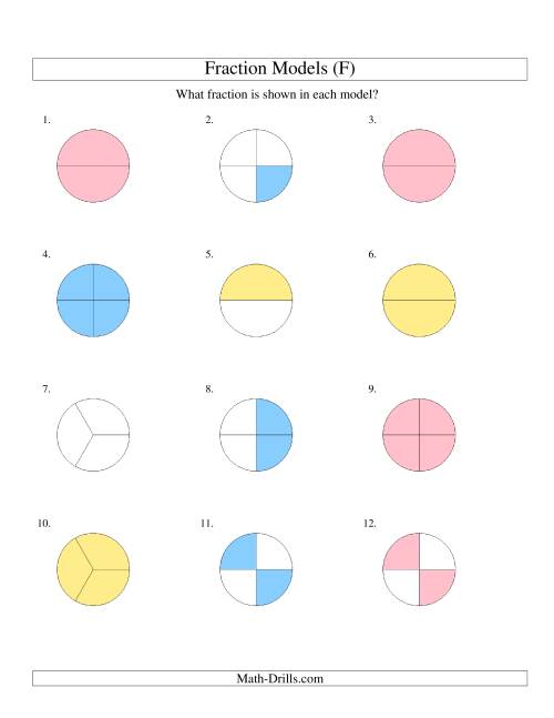 The Modeling Fractions with Circles -- Halves, Thirds and Quarters (F) Math Worksheet