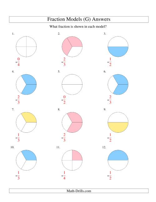 The Modeling Fractions with Circles -- Halves, Thirds and Quarters (G) Math Worksheet Page 2