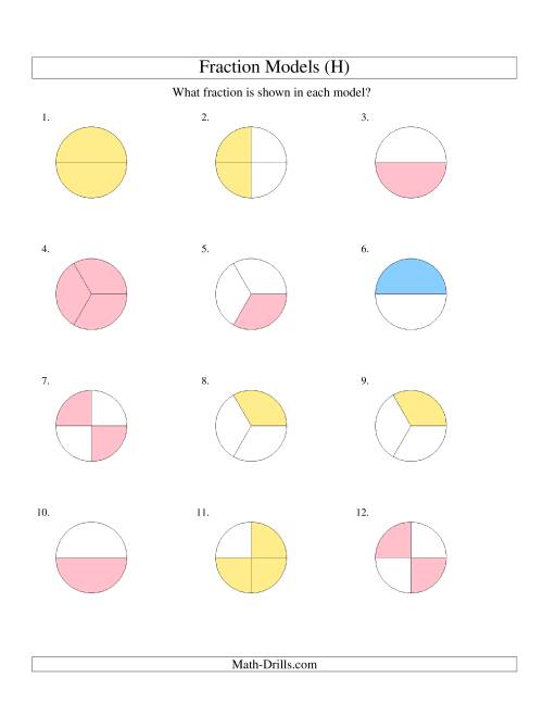 The Modeling Fractions with Circles -- Halves, Thirds and Quarters (H) Math Worksheet