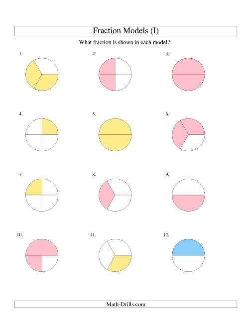 The Modeling Fractions with Circles -- Halves, Thirds and Quarters (I) Math Worksheet