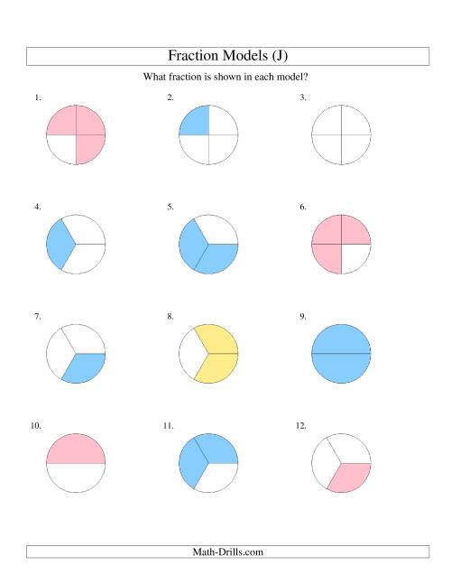 The Modeling Fractions with Circles -- Halves, Thirds and Quarters (J) Math Worksheet