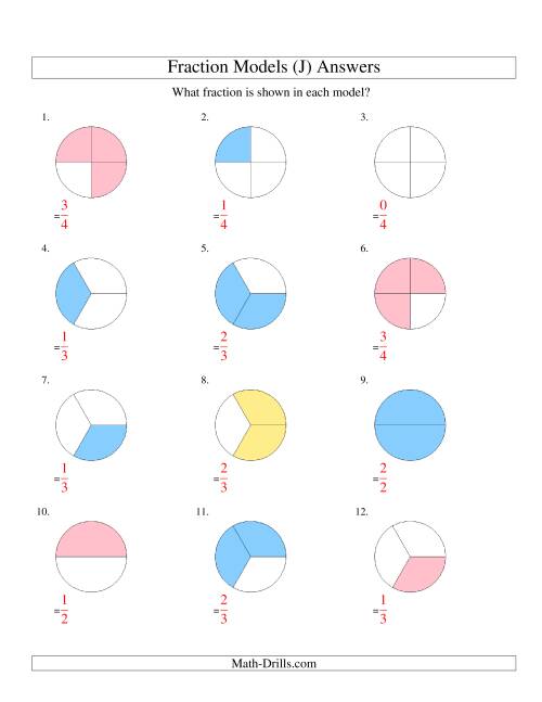 The Modeling Fractions with Circles -- Halves, Thirds and Quarters (J) Math Worksheet Page 2