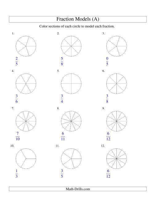 The Modeling Fractions with Circles by Coloring -- Halves to Twelfths (A) Math Worksheet