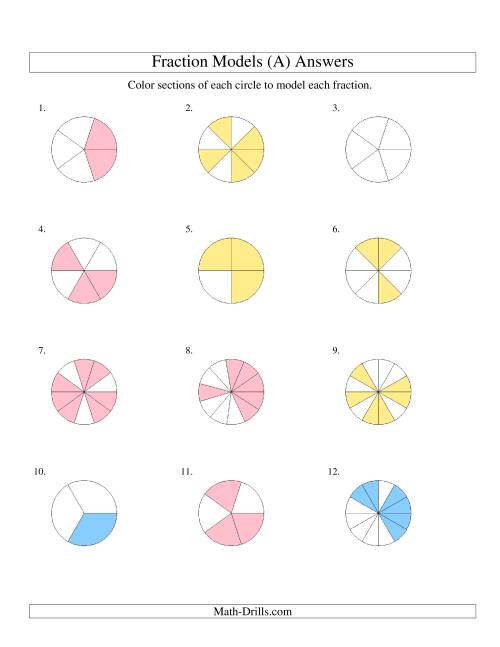 The Modeling Fractions with Circles by Coloring -- Halves to Twelfths (A) Math Worksheet Page 2