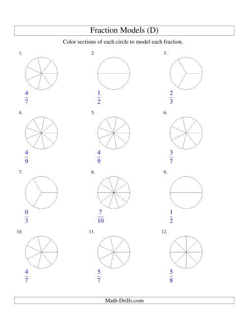 The Modeling Fractions with Circles by Coloring -- Halves to Twelfths (D) Math Worksheet
