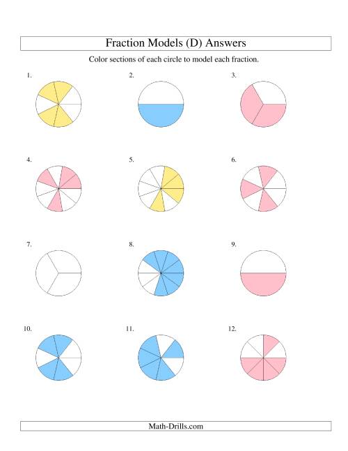The Modeling Fractions with Circles by Coloring -- Halves to Twelfths (D) Math Worksheet Page 2