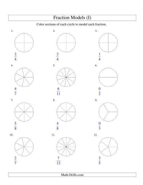 The Modeling Fractions with Circles by Coloring -- Halves to Twelfths (I) Math Worksheet
