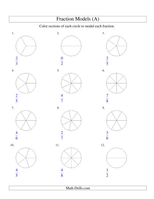 The Modeling Fractions with Circles by Coloring -- Halves to Eighths (A) Math Worksheet