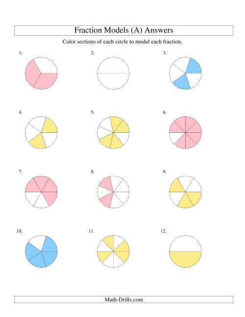 The Modeling Fractions with Circles by Coloring -- Halves to Eighths (A) Math Worksheet Page 2