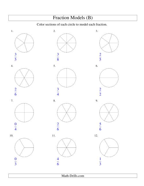 The Modeling Fractions with Circles by Coloring -- Halves to Eighths (B) Math Worksheet