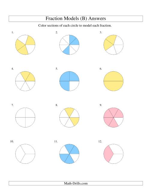 The Modeling Fractions with Circles by Coloring -- Halves to Eighths (B) Math Worksheet Page 2